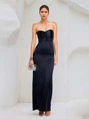 Navy Sheath/Column Sweetheart Neckline Sleeveless Satin Dress With Slit