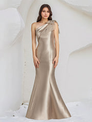 Trumpet/Mermaid One Shoulder Sleeveless Floor Length Satin Dress With Bow