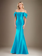 Trumpet/Mermaid Off The Shoulder Floor Length Satin Mother Of The Bride Dress With Bow Sleeves