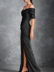 Sheath/Column Off-the-Shoulder Short Sleeves Floor-Length Mother of the Bride Dresses With Split Front