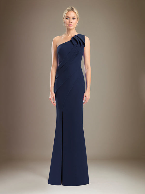 Column One Shoulder Sleeveless Stretch Crepe Mother Of The Bride Dress With High Slit