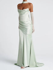 Elegant Mint Green Off-the-Shoulder Pleated Maxi Dress