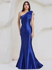 Trumpet/Mermaid One Shoulder Sleeveless Floor Length Satin Dress With Bow
