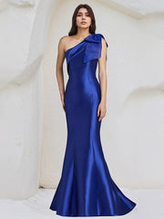 Trumpet/Mermaid One Shoulder Sleeveless Floor Length Satin Dress With Bow