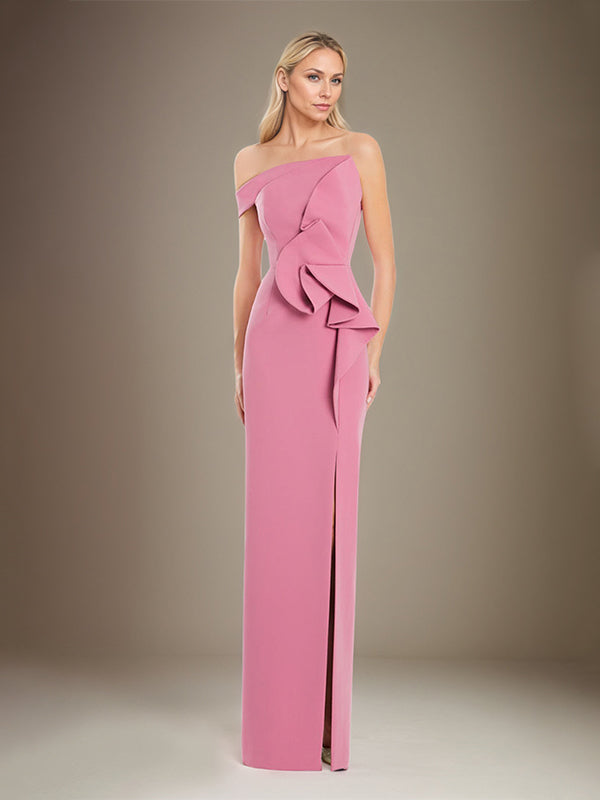 Column Off The Shoulder Stretch Crepe Mother Of The Bride Dress With High Slit