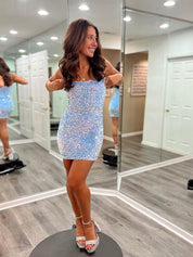Purple Spaghetti Straps Sequin Bodycon Short Homecoming Dress