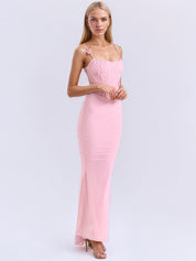Pink Stretch Mesh Butterfly Maxi Dress