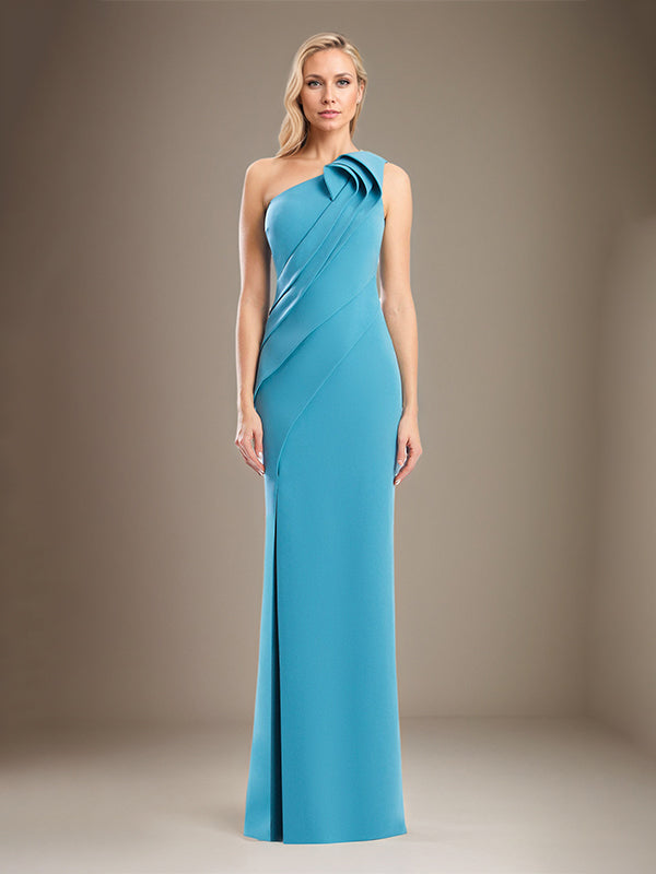 Column One Shoulder Sleeveless Stretch Crepe Mother Of The Bride Dress With High Slit