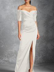 Sheath/Column Off-the-Shoulder Short Sleeves Floor-Length Mother of the Bride Dresses With Split Front