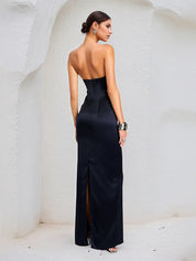 Navy Sheath/Column Sweetheart Neckline Sleeveless Satin Dress With Slit