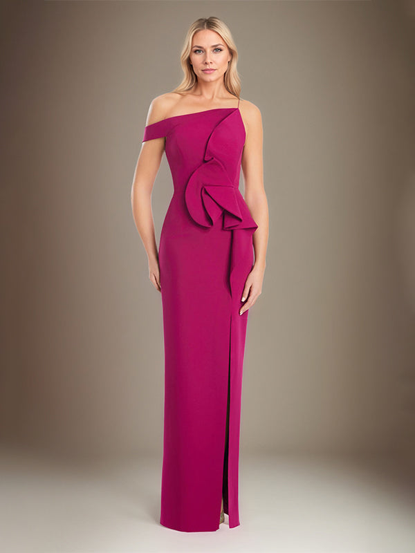 Column Off The Shoulder Stretch Crepe Mother Of The Bride Dress With High Slit
