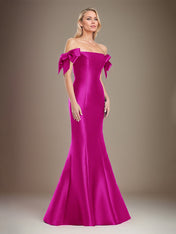 Trumpet/Mermaid Off The Shoulder Floor Length Satin Mother Of The Bride Dress With Bow Sleeves