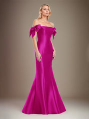 Trumpet/Mermaid Off The Shoulder Floor Length Satin Mother Of The Bride Dress With Bow Sleeves