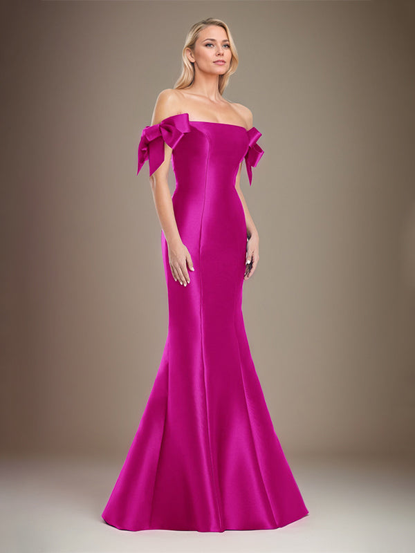 Mermaid Off The Shoulder Floor Length Satin Mother Of The Bride Dress With Bow Sleeves