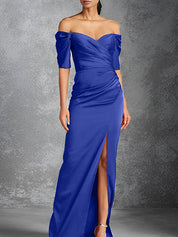 Sheath/Column Off-the-Shoulder Short Sleeves Floor-Length Mother of the Bride Dresses With Split Front