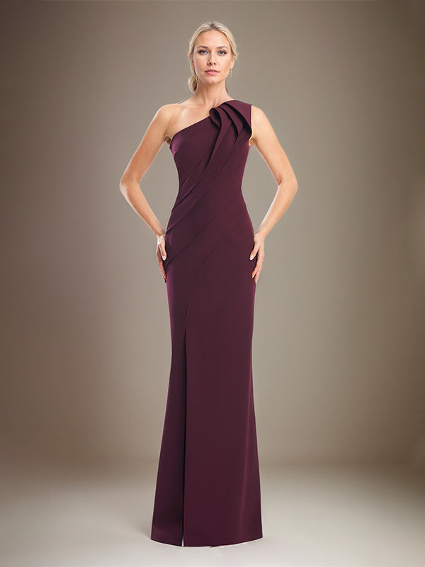 Column One Shoulder Sleeveless Stretch Crepe Mother Of The Bride Dress With High Slit