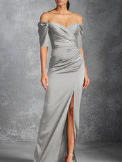Sheath/Column Off-the-Shoulder Short Sleeves Floor-Length Mother of the Bride Dresses With Split Front