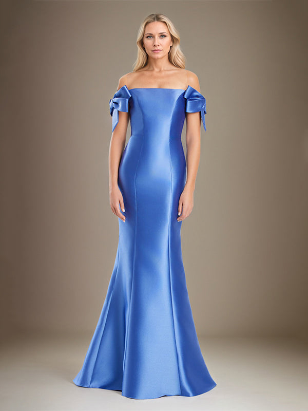 Mermaid Off The Shoulder Floor Length Satin Mother Of The Bride Dress With Bow Sleeves