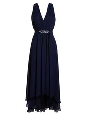 A Line Chiffon V Neck Sleeveless Asymmetrical Dress With Rhinestones