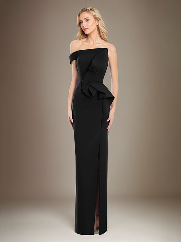 Column Off The Shoulder Stretch Crepe Mother Of The Bride Dress With High Slit