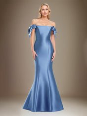 Trumpet/Mermaid Off The Shoulder Floor Length Satin Mother Of The Bride Dress With Bow Sleeves