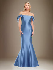 Trumpet/Mermaid Off The Shoulder Floor Length Satin Mother Of The Bride Dress With Bow Sleeves