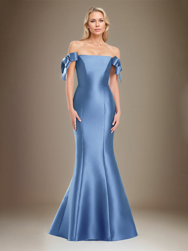 Mermaid Off The Shoulder Floor Length Satin Mother Of The Bride Dress With Bow Sleeves