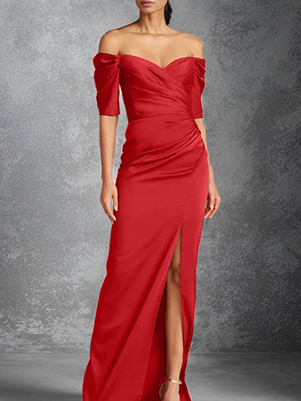 Column Off-the-Shoulder Short Sleeves Floor-Length Mother of the Bride Dresses With Split Front
