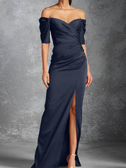 Sheath/Column Off-the-Shoulder Short Sleeves Floor-Length Mother of the Bride Dresses With Split Front
