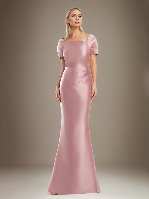 Mermaid Short Sleeves Floor Length Satin Mother Of The Bride Dress