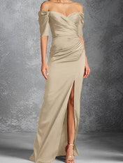 Sheath/Column Off-the-Shoulder Short Sleeves Floor-Length Mother of the Bride Dresses With Split Front