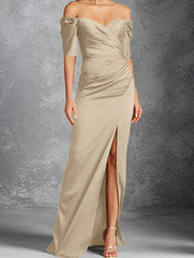 Sheath/Column Off-the-Shoulder Short Sleeves Floor-Length Mother of the Bride Dresses With Split Front