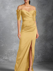 Sheath/Column Off-the-Shoulder Short Sleeves Floor-Length Mother of the Bride Dresses With Split Front