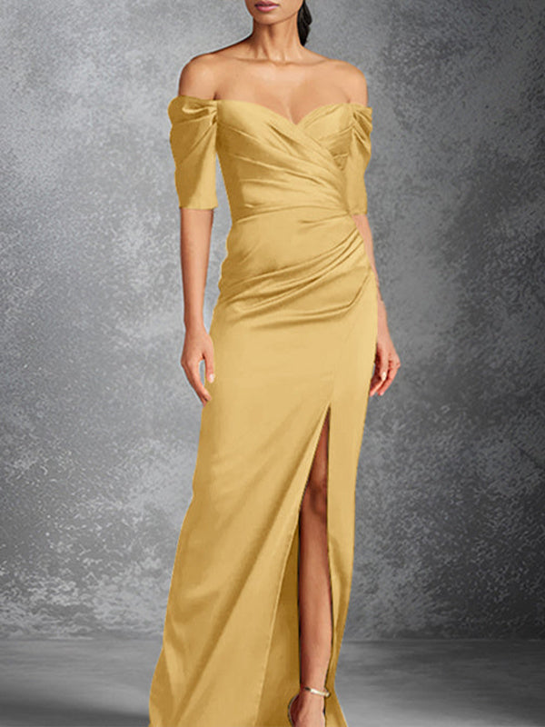 Column Off-the-Shoulder Short Sleeves Floor-Length Mother of the Bride Dresses With Split Front