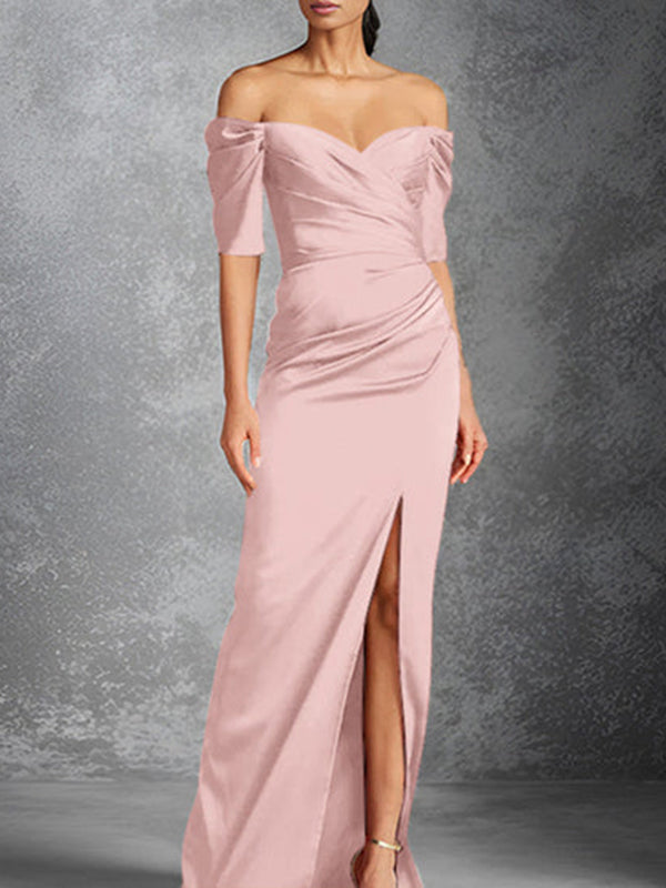 Column Off-the-Shoulder Short Sleeves Floor-Length Mother of the Bride Dresses With Split Front
