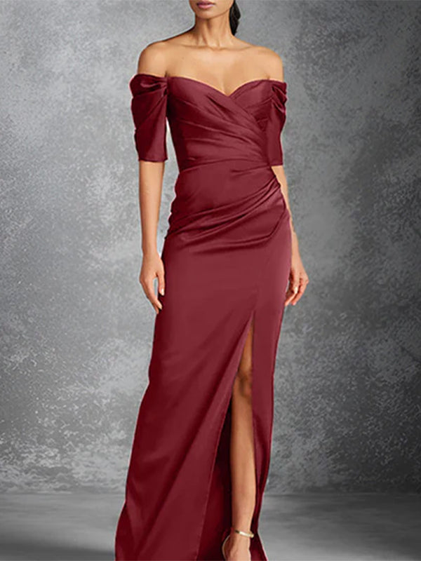 Column Off-the-Shoulder Short Sleeves Floor-Length Mother of the Bride Dresses With Split Front