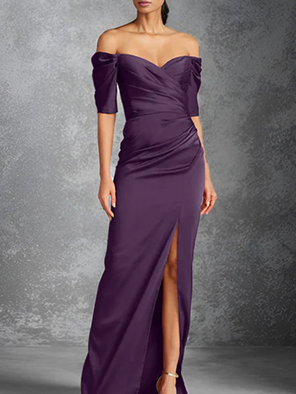 Column Off-the-Shoulder Short Sleeves Floor-Length Mother of the Bride Dresses With Split Front
