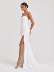 Elegant Spaghetti Strap Ruched Satin Mermaid Wedding Dress with High Slit and Chapel Train