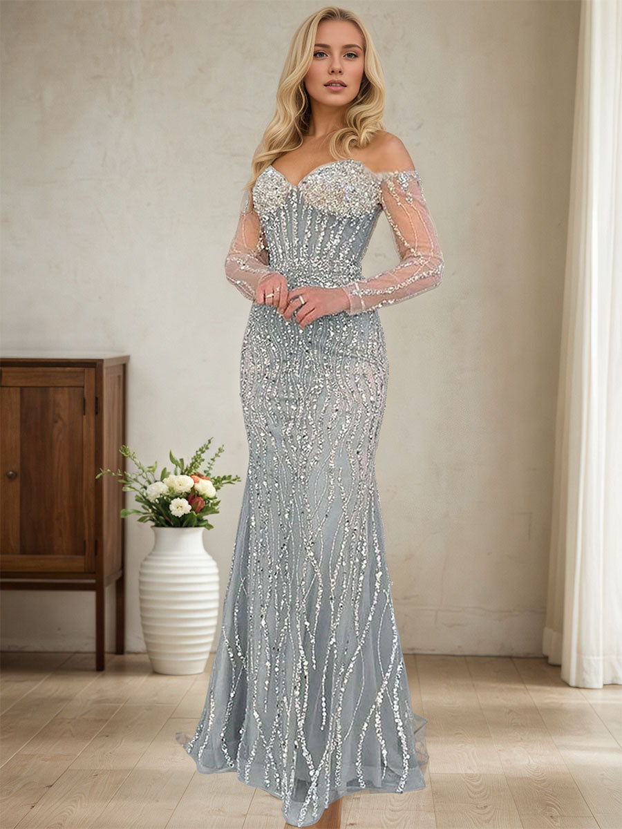 Sparkly Champagne Mermaid Off the Shoulder Long Prom Dress With Corset