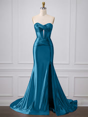 Purple Mermaid Strapless Sweetheart Corset Long Prom Dress with Slit