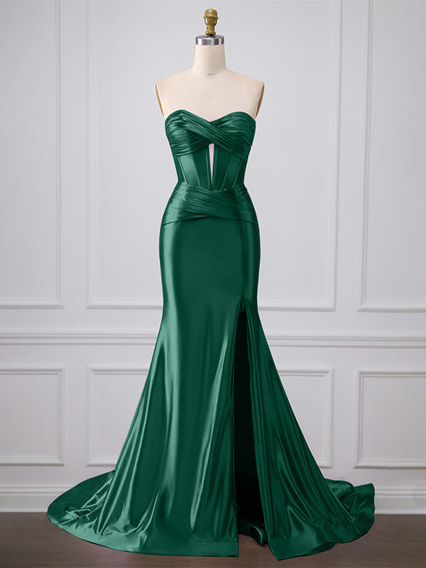 Purple Mermaid Strapless Sweetheart Corset Long Prom Dress with Slit