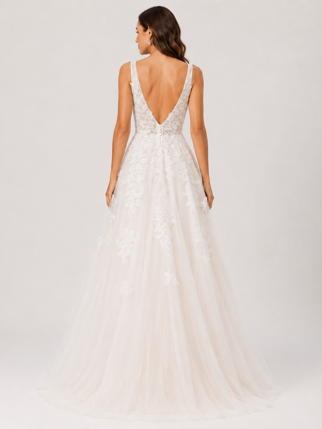 Elegant V-Neck Lace Applique Tulle A-Line Wedding Dress with Sweep Train