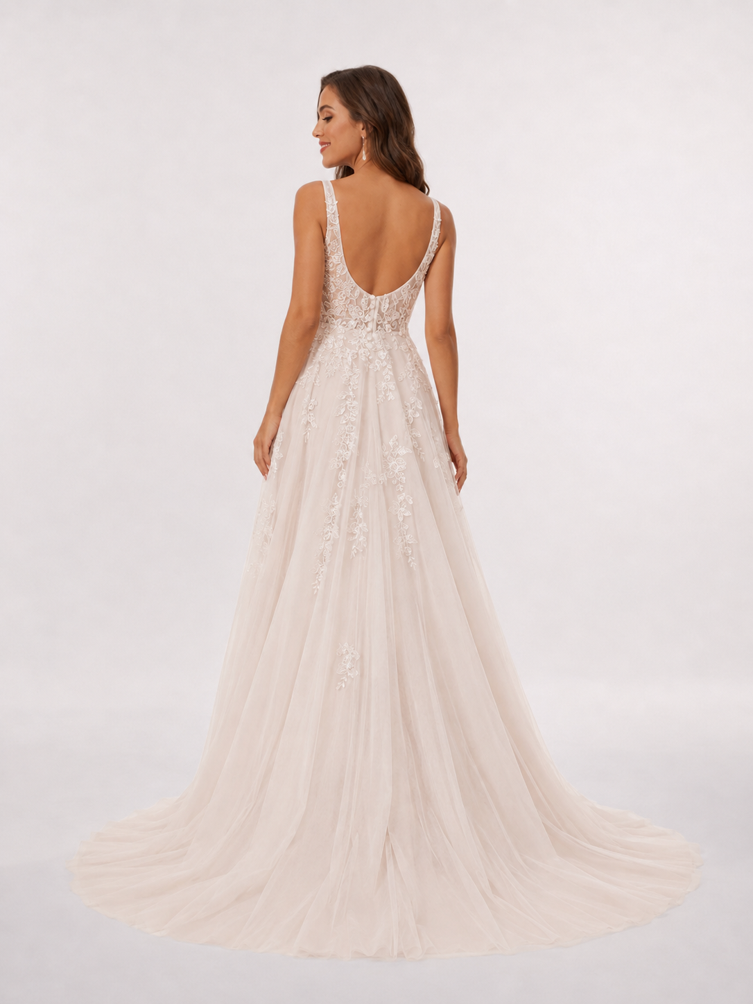 Elegant V-Neck Lace Applique Tulle A-Line Wedding Dress with Chapel Train