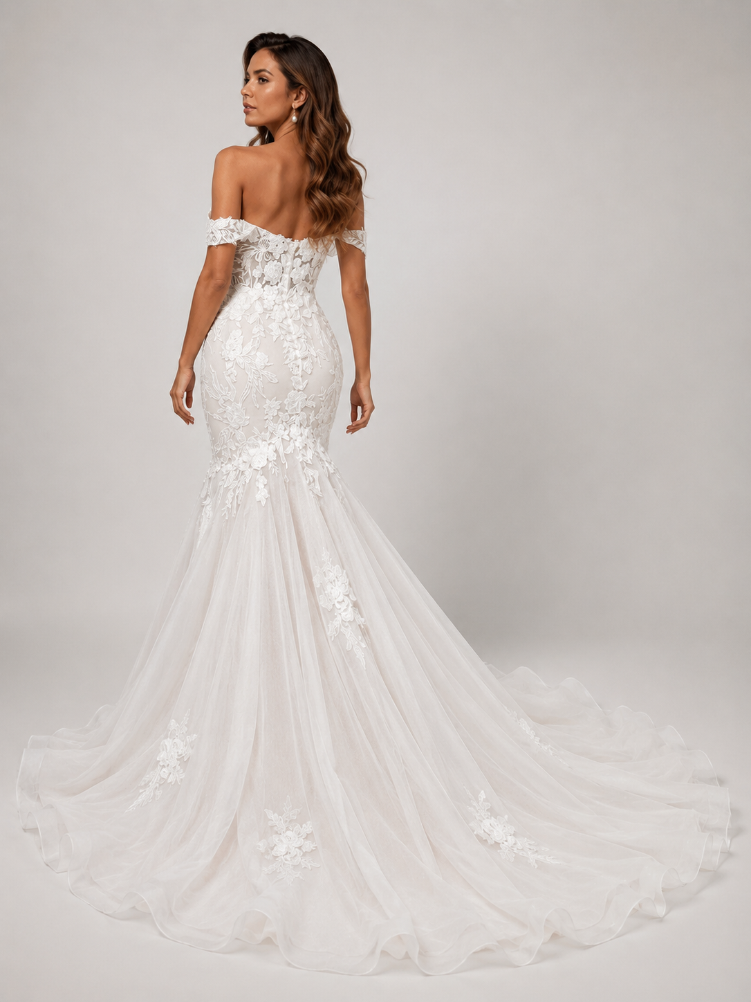 Elegant Off-the-Shoulder Lace Applique Mermaid Wedding Dress with Chapel Train 