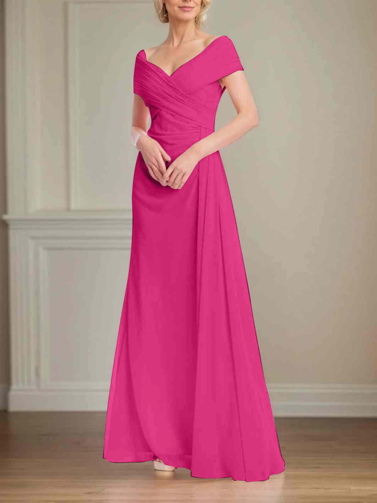A Line Off the Shoulder Short Sleeve Chiffon Mother of the Bride Dress