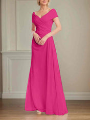 A Line Off the Shoulder Short Sleeve Chiffon Mother of the Bride Dress