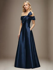 Navy Blue Satin A Line Off the Shoulder Floor Length Dress With Bow