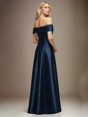 Navy Blue Satin A Line Off the Shoulder Floor Length Dress With Bow