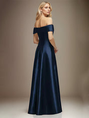 Navy Blue Satin A Line Off the Shoulder Floor Length Dress With Bow