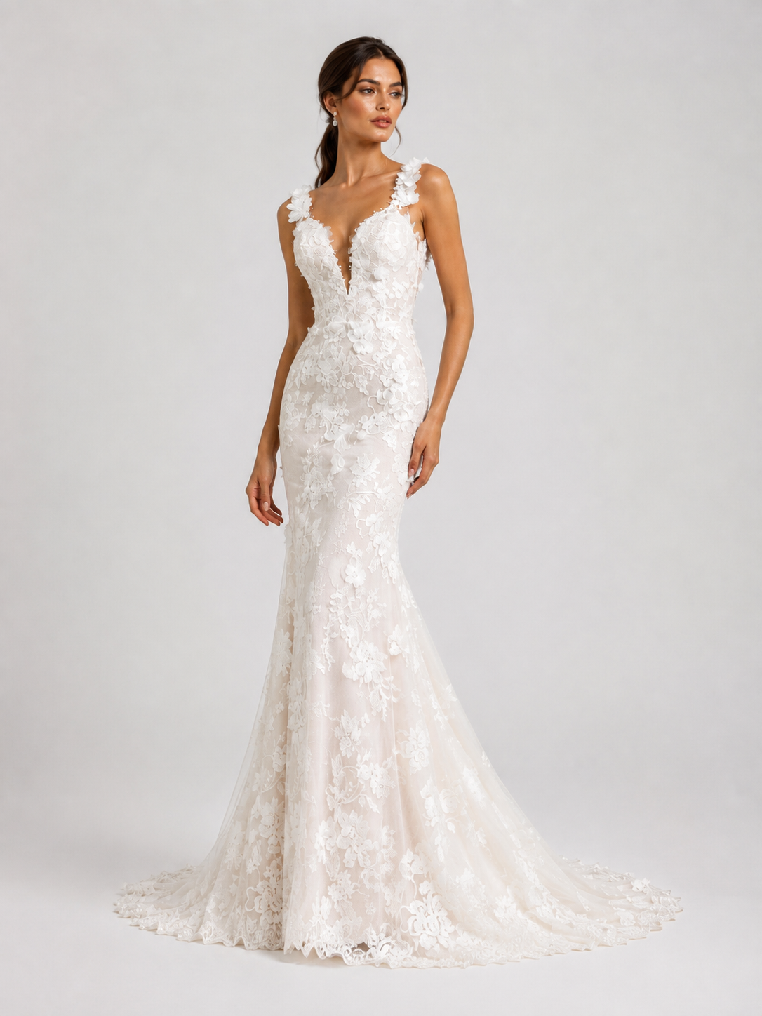 Elegant Floral Applique Deep V-Neck Mermaid Wedding Dress with Chapel Train
